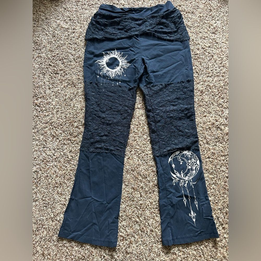 Women’s Dark Blue Boho Yoga Lace Detail Cotton Pants Leggings Size Small